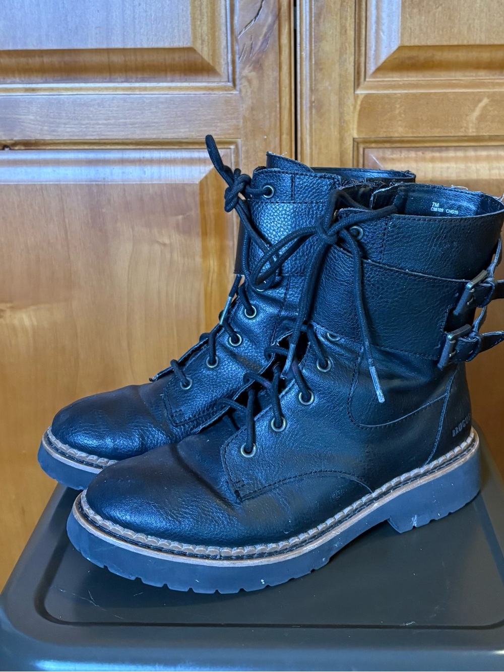 Brogues by b.o.c. Black Lace-Up Combat Boots with Buckle / Zipper Accent